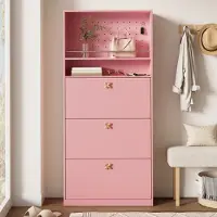 Sweiko Schoenenkast - Halmeubel - 3 vakken met klep - 2 open planken - Goudkleurige klavertjevier-grepen - 80 × 24 × 178.5 cm - Roze
