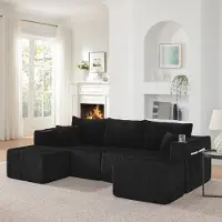 STILVORA Hoekbank, 3-zits, in L-vorm, met verstelbare ottomane. Modulaire bank met corduroy stof en bekerhouders. Zithoek met zijvak en kussens