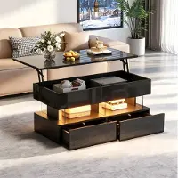 OKWISH Salontafel - Verstelbaar Tafelblad Met LED En 2 Lades - Woonkamer Met Verborgen Opbergruimte - Hoogglans Zwart MDF Acryl - 100 x 50 x 46 cm