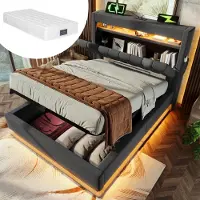STILVORA Bed 90x200 cm Met Matras – Bedframe Met LED Verlichting En USB-C Oplaadfunctie – Opbergruimte In Hoofdbord En Onder Bed – Grijs