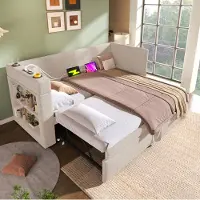 OKWISH Gestoffeerde Slaapbank 90x190 cm – Uitschuifbaar Daybed Met USB-C En Bekerhouders – Met Extra Slaapplaats – Zonder Matras – Beige