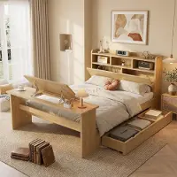 Flieks kinderbed 140x200 cm met verstelbaar uitschuifbaar tafeltje, kinderbed/tweepersoonsbed met lade, klassiek houten bed met hoofdeinde voorzien van een plank, in houtkleur