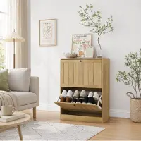 OKWISH Schoenenkast - 60 cm - 2 Kleppen - Staand Rek - Moderne Opbergkast Voor Hal En Entree - MDF En Spaanplaat - Oak - 60x24x80 cm