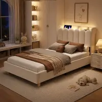 HAUSS SPOLE Gestoffeerd Bed 90 x 200 cm Zonder Matras Enkelbed Kinderbed Met Lattenrost Gevoerde Hoofdbord Met USB Type C Leeslamp Samt Beige