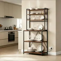 OKWISH Keukenrek – Met 3 Stopcontacten – 80 x 167 x 40 cm – Metaal En E1-Spaanplaat – Rustiek Bruin – Open Keukenopslag Met Haken