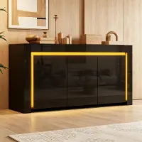 MODFU Dressoir met LED-verlichting, commode met 3 lades en 2 deuren, 140 x 40 x 65 cm, glanzende bijzettafel, woonkamerkast met opbergruimte, zwart