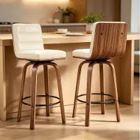 OKWISH Barkruk - 90 cm Hoog - 360 Graden Draaibaar Met Rugleuning En Voetsteun - Voor Keuken, Bar Of Toonbank - Kunstleer En Hout - Crème