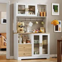 STILVORA Keukenkast - Hoge Opbergkast Met Led, Stopcontact En Vitrinedeuren - Voor Keuken En Eethoek - MDF - 110x40x178 Cm - Wit;Natuurlijk