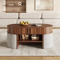 OKWISH Salontafel – Ovaal Met Opbergruimte En Stoffen Hockers – 120x60x51,5 cm – 2 Schuifdeuren – MDF En Spaanplaat Walnut