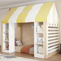 STILVORA Hoogslaper 90 x 200 cm – Kinderbed in Landhuisstijl met Hemelbed en Open Opbergruimte – Voor Kinderen – Hout Metaal MDF – Wit Natuurlijk Geel – Zonder Matras