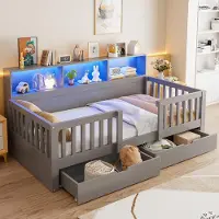 STILVORA Kinderbed 90 x 200 Cm – Veiligheidsbed Met Gitter, Ledverlichting En Opbergruimte – Met Lades En Planken – Voor Kinderen – Hout – Grijs Zonder Matras