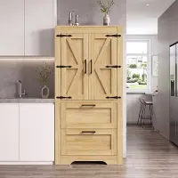 OKWISH Keukenkast - Landhuisstijl Met 2 Lades En Verstelbare Legplanken - Vrijstaande Opbergkast Voor Keuken Eetkamer En Woonkamer - MDF Naturholzkleur - 60x30x128 Cm