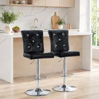STILVORA Barkruk - Verstelbaar Vintage Design - Set Van 2 - Met Rugleuning, Voetsteun En Kristalknopen - Voor Keuken En Bar - Zwart Kunstleer