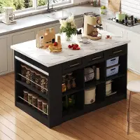 MODFU - Keuken Eiland - Uitklapbare Eettafel - Marmerlook - Zwart Wit - MDF