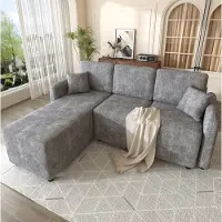 OKWISH Hoekbank met 3 zitplaatsen en 2 kussens, klassiek design, hoogwaardig schuim, chenille stof, geschikt voor kleine appartementen, grijs