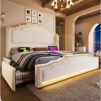 OKWISH Gestoffeerd Bed 180x200 cm - Tweepersoonsbed Met LED-Verlichting en USB-C Oplaadpunten - 4 Laden en Opbergruimte - Zonder Matras - Beige