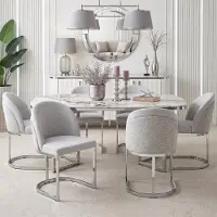 OKWISH 4-delige set eetkamerstoelen, dubbel rugleuningontwerp, zilverkleurige poten, keukenstoel, chenillestof, grijs