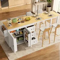 OKWISH Keukenkast – Uitschuifbaar Keukeneiland – 116-179,5 x 45 x 89 cm – 3 Lades – Zijrekjes en Wielen – MDF Metaal Wit