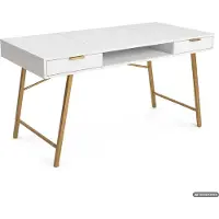 Akord Computertafel Bureau ARDEN / Industrieel / Wit / 120 cm / 2 Lades / 1 Plank / Gouden Poten