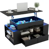 Puluomis Salontafel - met RGB Verlichting - 92x50x56 cm -Stijlvolle bijzettafel met 2 lades - Verstelbaar bureaublad - Open partitie - Koffietafel voor woonkamer - Zwart