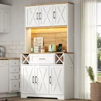 OKWISH Keukenkast - Hoge Opbergkast Met Ledverlichting En Wijnrekken - 105 x 40 x 180 cm - Lade En Werkblad - MDF Naturel Wit