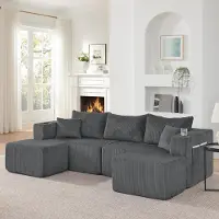STILVORA Hoekbank, 3-zits, in L-vorm, met verstelbare ottomane. Modulaire bank met corduroy stof en bekerhouders. Zithoek met zijvak en kussens
