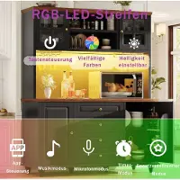STILVORA Keukenkast - Highboard Met RGB Ledverlichting En Verstelbare Planken - Metalen Wijnglashouder Voor Keuken En Woonkamer - MDF - Zwart