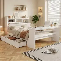 Flieks kinderbed 140x200 cm met verstelbaar uitschuifbaar tafeltje, kinderbed/tweepersoonsbed met lade, klassiek houten bed met hoofdeinde voorzien van een plank, wit
