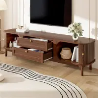 OKWISH TV Meubel - Lamellenserie 170x39,5x46 cm - 2 Deuren 2 Laden - Schuifdeuren Met Houten Grepen - Notenbruin MDF - Tijdloos