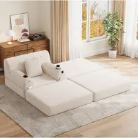 OKWISH Enkele sofa met 4 zijvakken en bekerhouders, comfortbank met slaapfunctie, hoge rugleuning, modulaire sofa in beige