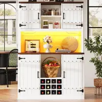 OKWISH Keukenkast - Hoge Kast Met RGB Ledverlichting - Open En Gesloten Opbergruimte - Flessenrek - MDF Wit - 120x40x180 cm