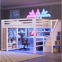 OKWISH Hoogslaper 140x200 cm - Met Bureau en Verlichting - Met Open Kledingrek en Trap met Opbergruimte - Voor Slaapkamer - Metaal - Zonder Matras - Wit