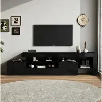 OKWISH Tv-Meubel – Hoogglans Front Met Ledverlichting – Geschikt Voor Woonkamer En Tv Tot 85 Inch – Spaanplaat Zwart – 192 x 37 x 53 cm