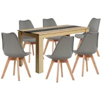 Sonstiges Eetset: Tafel met 6 stoelen, rechthoekig, eikenhout, 140 cm, zwart/grijs
