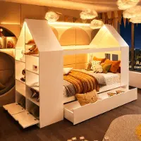 Flieks kinderbed 90x200 cm met lederrand, huisbed met raam en plank, kinderbed eenpersoonsbed met lades en lattenbodem, houten bed wit