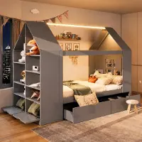 Flieks kinderbed 90x200 cm met lederrand, huisbed met raam en plank, kinderbed eenpersoonsbed met lades en lattenbodem, houten bed in de kleur grijs