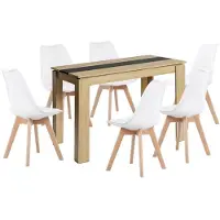 Sonstiges Eetset: Eettafel met 6 stoelen, rechthoekig, eikenhout/zwart. Tafel: 110 cm. Stoelen: 6 witte stoelen