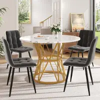 Sonstiges Eetset bestaande uit een eettafel met 4 stoelen, rond, afmetingen 100x100x76 cm, wit met gouden metalen poten en 4 grijze fluweelstoelen