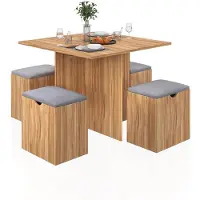 Mondeer Eetset bestaande uit 4 stoelen en een eettafel met opbergruimte, geschikt voor kleine ruimtes, afmetingen 80 x 80 x 75 cm, uitgevoerd in rode eik en grijs