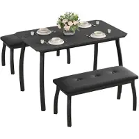 Sonstiges Eetset bestaande uit een tafel en twee banken, rechthoekig, metaal en hout, vintage-stijl, zwart