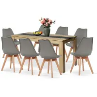 Sonstiges Eetset: Eettafel met 8 stoelen, rechthoekig, eikenhout/zwart, 160x80 cm, 8 grijze stoelen