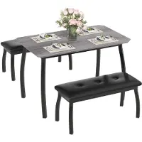 Sonstiges Eetset bestaande uit een tafel en twee banken, rechthoekig, metaal en hout, grijs, vintage-stijl