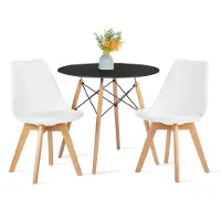 Sonstiges Eettafelset: Tafel met 2 witte stoelen, kunststof PP, Polyurethankunstleer, massief beuken hout. Afmetingen tafel: 80x80x74 cm. Afmetingen stoelen: 52x48x82 cm