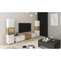 MINIO go for it MINIO Wandmeubel BRELA III, 3-delig, TV-meubel met vitrine en kast - Wit / Wotan eikenhout / Wit glanzend