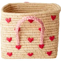 Rice raffiamand met handvat 30x30 cm Red hearts