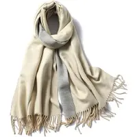 OEM Damen fleece sjaal, veelzijdige sjaal voor twee doeleinden, zachte en warme sjaal, dubbele sjaal met pompon, sjaal in twee kleuren, geschikt voor winterreizen, 200 x 65 cm, beige