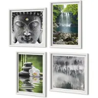 Coloray 4-Delige Schilderij Set - Harmonie Van De Natuur Met Stenen, Water En Boeddha - 40 x 40 En 40 x 60 - Decoratieve Muurdecoratie - Slaapkamer - Interieur Decoratie