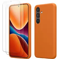 Kwmobile hoes met 2x screenprotectors voor Samsung Galaxy S24 – screenprotector van gehard glas – draadloos opladen – fruitig oranje