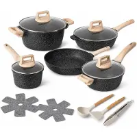 Just perfecto Pannenset Inductie 14-delig – Antiaanbaklaag – 5 Pannen met 4 Glazen Deksels – Houtlook Handgrepen – Zwart
