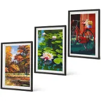 Coloray 4-Delige Schilderij Set - Herfstkleuren, lelievijver, fietsen op het terras - 40 x 60 cm - Wanddecoratie - Schilderijen Set - Interieur - Moderne Wanddecoratie